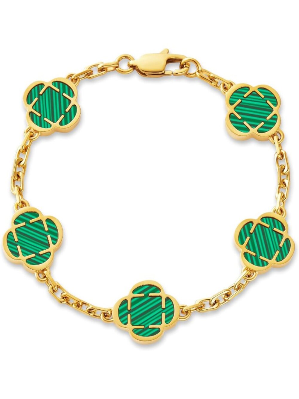 Green Malachite Clover Stone Bracelet | 4mm Chain | Boho Gold & Silver Jewelry